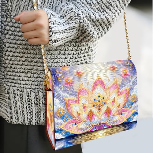C'eitura Lotus Diamond Art Wooden Clutch Purse with Chain, 5D DIY Rhinestone Shoulder Bag Kit, Zen Style Wallet for Women, Yoga Meditation Gift, Unique Handmade Craft Project - color: SKB204