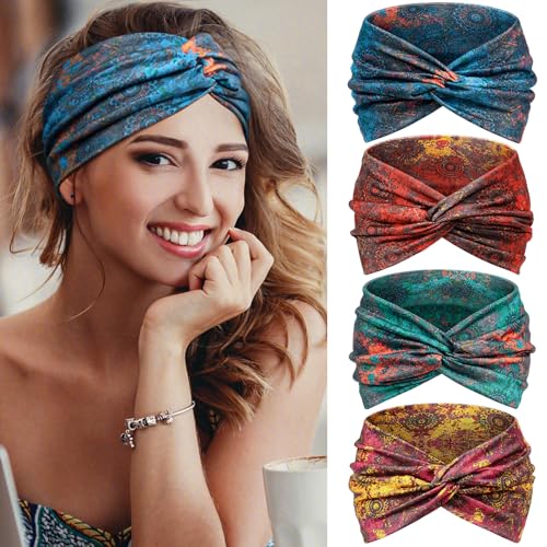 Headbands for Women's Hair, Wide Hair bands – 4 Pcs Vintage Turban Elastic Soft Head Wraps Knotted for Yoga & Workout – Summer Cute Fashion Hair Accessories（Boho） - color: Blue