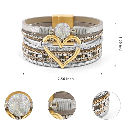 VIBILIA Boho Leather Wrap Bracelets for Women Multi-Layer Bracelets with Strong Clasp Jewelry for Women - color: 01-Heart-GoldSilver