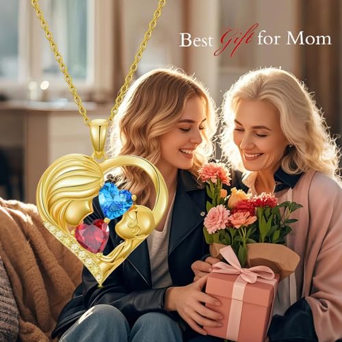 Mothers Day Gifts 14K Yellow Gold Mother Daughter Heart Pendant Necklace with 12 Months Birthstone Birthday Gifts for Mom Anniversarry Jewelry for Mom Wife Girlfriend - color: 01-12-Jan-Dec Birthstone