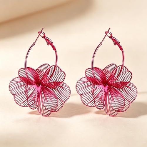Gold Flower Statement Earrings for Women Boho Trendy Hoop Earrings Floral Dangle Petal Earring Prom Wedding Jewelry Gifts - color: A5:hot pink