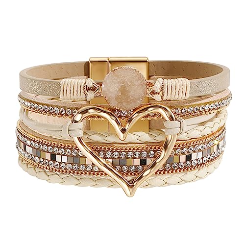 Womens Multi Layer Heart Leather Wrap Bracelet Boho Stackable Cuff Bangle Magnetic Clasp Crystal Birthday Valentine Gift - color: Khaki