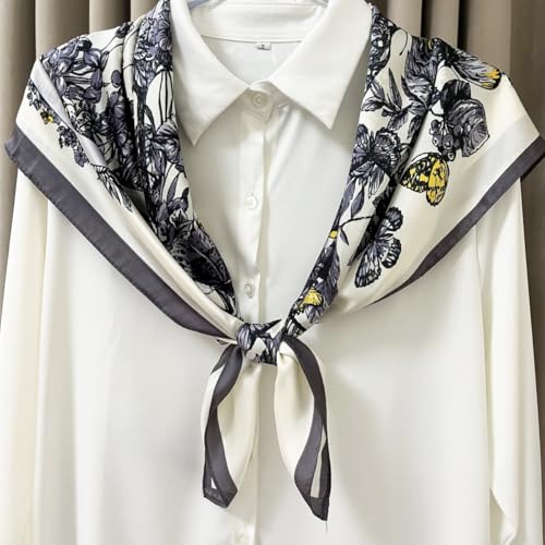Julunar Silk Like Head Scarf for Women - Satin Large Hair Scarves - 35" Square Silk Hair Wrap for Sleeping with Gift Packed - color: A026-1 Butterfly Grey