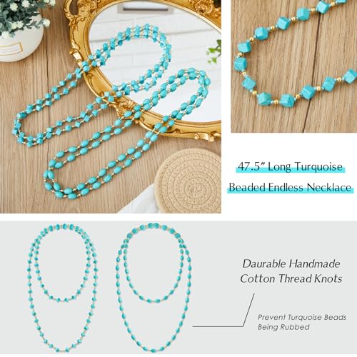 Henoyso 2 Pcs Turquoise Beads Necklace 47.5 Inch Long Endless Necklace Multi Strand Layer Knotted Homemade Jewelry - style: Classic