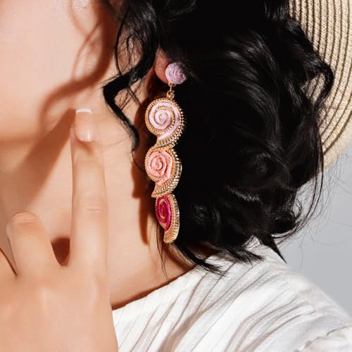 Boho Raffia Earrings Starfish Shell Seashell Dangle Drop Earrings Cute Statemnet Trendy Jewelry Summer Beach Outfits for Women - color: Pink, size: Seashell