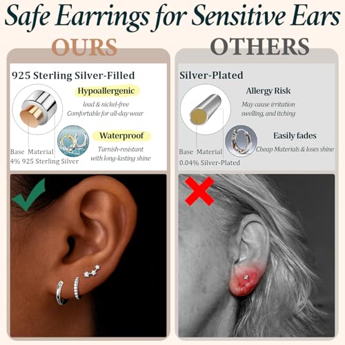 Poxtex Small Sterling Silver Huggie Hoop Earrings Set for Women, Hypoallergenic 14K Gold Plated Hoops Stacks for Multiple Piercings, Dainty Cute Mini Lightweight Cartilage Studs Trendy Jewelry Gift - color: Silver-climber
