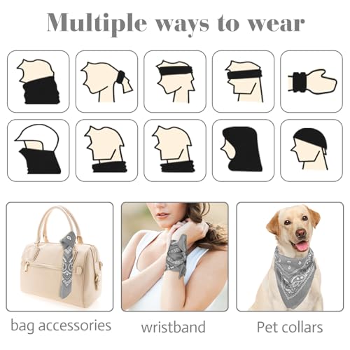 PLULON Bandanas for Men Women 4/12/24/30 Pack, Paisley Pattern Bandana Bulk Headbands Handkerchief Face Mask 100% Polyester - color: Gray
