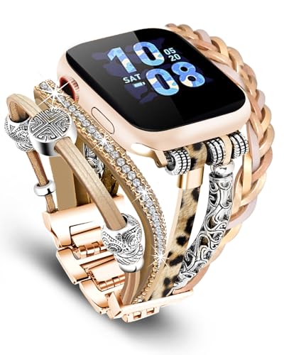 Compatible with Apple Watch Band 40mm for Women, Boho Bracelet for Apple Watch 38mm 41mm, Multilayer Leather Wrap Braided Strap for iWatch Series 11/10(42mm)/9/8/7/6/5/4/3/2/1/SE Leopard khaki - color: A-Leopard khaki, size: 42(series 11/10)/41/40/38mm