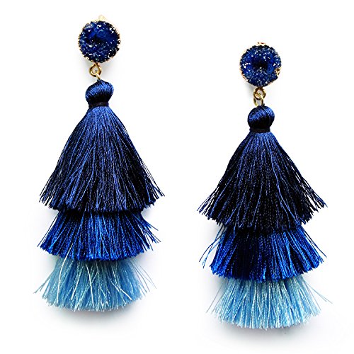 Me&Hz Colorful Layered Tassel Earrings Bohemian Statement Tiered Tassel Big Dangle Drop Earrings for Women Druzy Studs Valentine’s Day Gift - color: Blue ombre