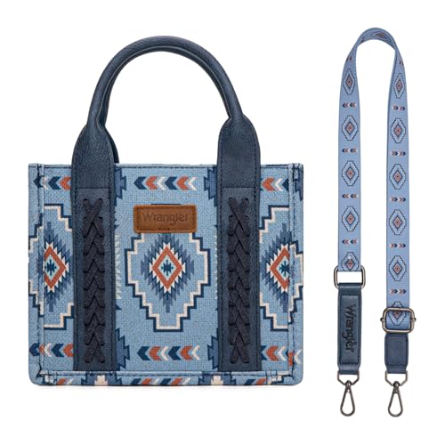 Wrangler Mini Aztec Tote Bag for Women Boho Small Top Handle Purse with Adjustable Strap - color: Boho Blue Jeans
