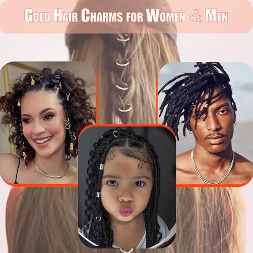 260pcs Gold Hair Jewelry for Women Braids Dreadlock Locs,17 Styles Metal Hair Accessories Adjustable Hair Charms Cuffs Coils Beads Rings Braiding Decoration - color: Gold-260pcs