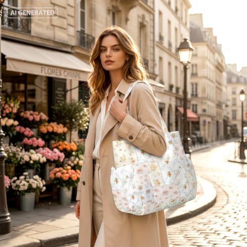 Corduroy Tote Bag for Women,Large Capacity Cute Tote Bags With 6 Pockets,Crossbody Shoulder Handbag for Work Travel Gym - color: Cottage Garden Patchwork