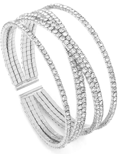 Women's Multi-Layer Rhinestone Cuff Bracelet Sparkling Crystal Tennis Bangle for Bridal Wedding Party - color: 1203 Silver