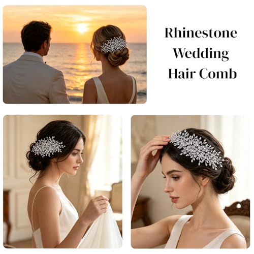 Rhinestone Leaf Wedding Hair Comb, Sparkly Bridal Hair Piece Accessories for Bride Bridesmaid Party Prom (Silver) - color: Silver