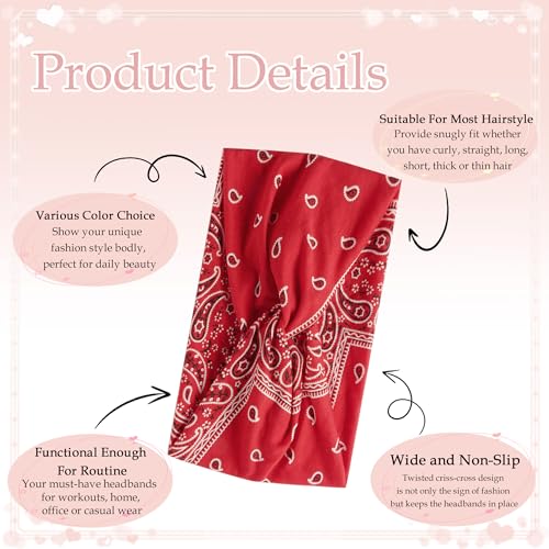 Boho Bandana Headband For Women Wide Headbands Paisley Criss Cross Turban Head Wraps Non Slip Hair Scarf Head Bands Cute Hairband Fashion Hair Accessories For Girls Teens 4 Pack - color: Style 134