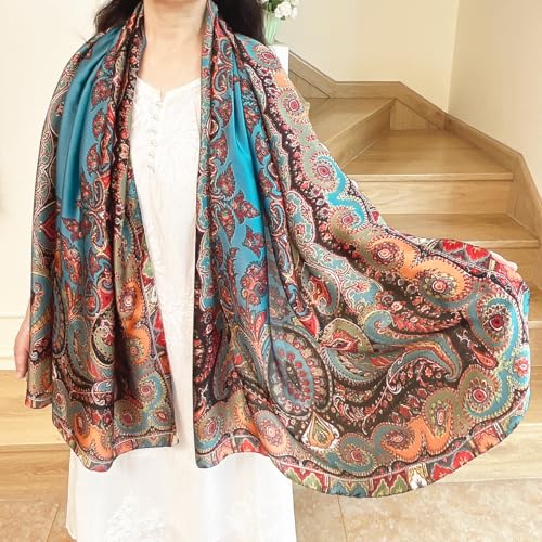 Long Silk Like Scarf Lightweight Satin Scarves Large Sunscreen Shawl Wrap for Women - color: 017.paisley Blue