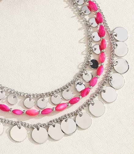 Noessla Layered Beaded Chunky Necklace for Women Boho Two-color Shell Statement Necklace Fashion Collar Costume Jewelry Gifts for Mum - color: 94-Hot Pink
