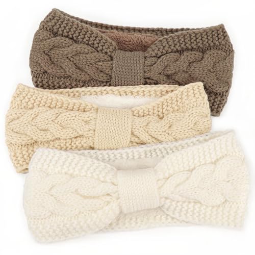 DRESHOW Crochet Ear Warmer Headband Soft Knit Chunky Turban Stretch Thick Headbands Warmer Fuzzy Head Wrap for Women - color: 3 Pcs Knot Style: White, Ivory White, Khaki