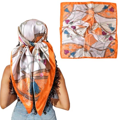 Hexchasty 35”Head Scarf Satin Silk Like Hair Scarf Large Square Head Scarves Bandana Head Wraps Headscarfs for Women Green - color: C-orange