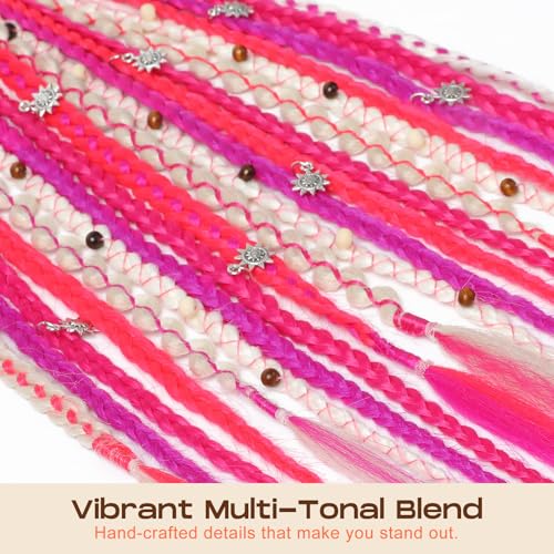 SEIKEA Boho Braided Ponytail Extension on Hair Tie, 16" Full Volume Lightweight Viking Dreadlock Ponytail Braid in Dreadlock Extensions with Beads and Shells, Festival Hair Accessories for Women Girls - color: Neon Pink Festival Blend