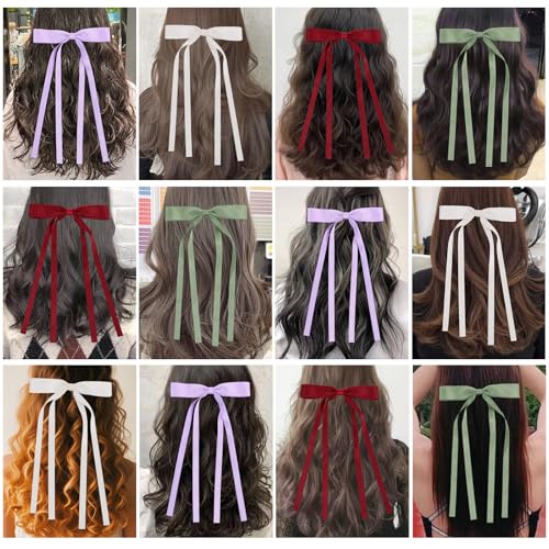 WORTL Hair Bows Clips Coquette Ribbon Bowknot with Long Tail Princess Hair Bows French Barrettes Hair Accessories for Women Girls 16PCS (Wine Red, Beige, Green, Purple) - color: Wine Red, Beige, Green, Purple