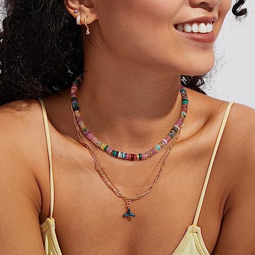 KissYan Boho Beaded Choker Necklace for Women, Gemstone Choker Natural Stone Freshwater Pearl Surfer Necklaces 14K Gold Plated Summer Beach Handmade Jewelry - color: A-Rainbow
