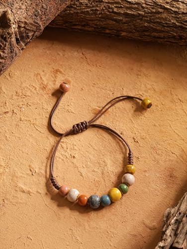 MINACHI Bohemian Colorful Ceramic Bead Adjustable Leather Bracelet, Boho Hippie Summer Jewelry Gift for Women - color: S02B