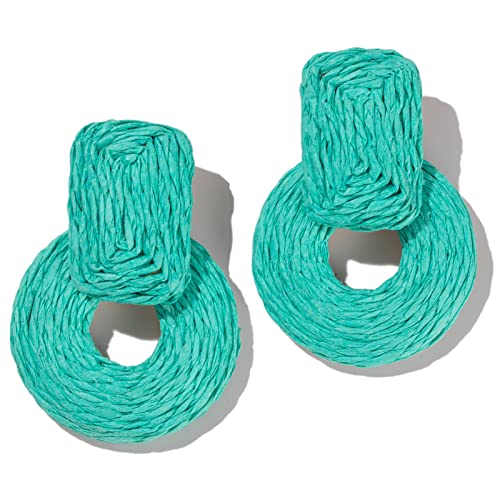 Statement Raffia Earrings Cute Boho Earrings Rattan Dangle Earrings Handmade Straw Wrap Earrings Summer Drop Dangling Earrings for Women Teen Girls - color: Turquoise Blue