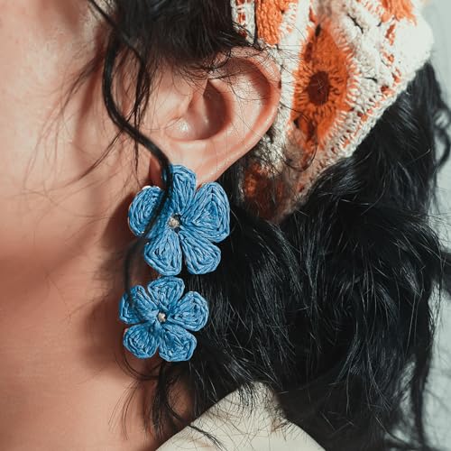 Boho Flower Earrings Statement Raffia Dangle Earrings Cute Floral Jewelry Trendy Summer Beach Vacation Outfits for Women - color: Royal Blue