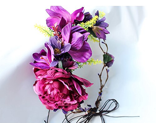 Vivivalue Floral Halo Boho Flower Headband Floral Crown Headpiece Hair Wreath with Ribbon Wedding Party Prom Photos Festival Purple - color: 33