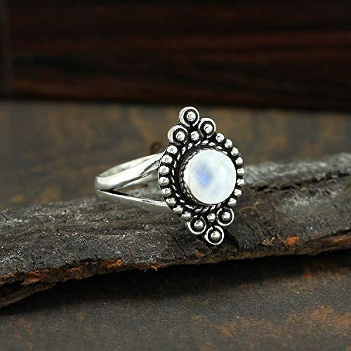 Round Shape Natural Gemstone Vintage Style Handmade Rings for Women - 925 Silver Overlay Handmade Birthstone Ring Jewelry Gift for Her Mom Wife Sister - color: Moonstone