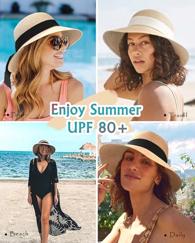 FURTALK Womens Beach Sun Straw Hat UV Protection Travel Packable Foldable Brim Summer UV Hat - color: Mix Beige-beige, size: Large-X-Large