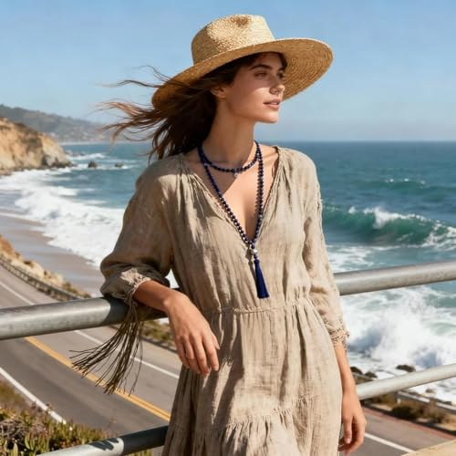 Long Bohemian Hand Knotted Stone Beaded Tassel Necklace for Women Statement Jewelry Gift - color: Blue