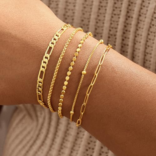 Gold Bracelets for Women, 14K Gold Plated Stackable Bracelet Stack Set Adjustable Charm Paperclip Chain Snake Link Layered Waterproof Jewelry Sets Gifts - style: Bracelets Set /2