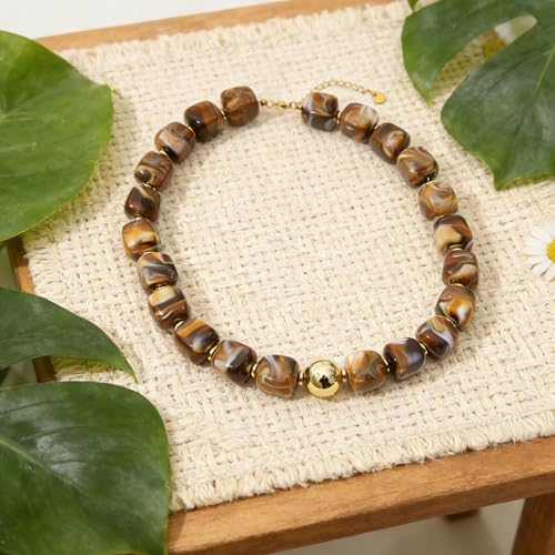 Chunky Beaded Necklace for Women Boho Colorful Statement Choker Necklaces Summer Beach Resin Jewelry Accessories - color: Dark Brown