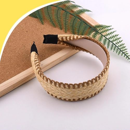 Handwoven Straw Boho Wide Headband for Women Bohemian Non Slip Rattan Crochet Headband Hair Accessory with Gold Trim Braided Hair Band for Summer Beach Festival Wedding Vacation
