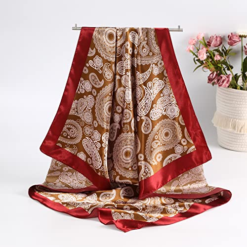 CHLINS 35" Satin Square Hair Scarf Bandanas - 3Pcs Large Silk Head Scarves Lightweight Sleeping Hair Wraps for Women - color: Brown+black+orange