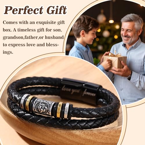 Mens Leather Bracelet,Black Stainless Steel Double-Row Braided Black Stainless Steel Love You Forever Engraved,Baptism Easter Day Gift for Men Son & Grandson - style: For Grandson