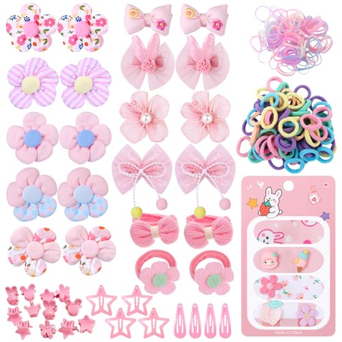 400 Pcs Baby Girls Hair Accessories Set,Baby Girls Hair Ties,Flower Bows Rubber Bands,Hair-friendly Hair Clip,Soft Elastic Hair Bands,Claw Clip(Pink) - color: Pink