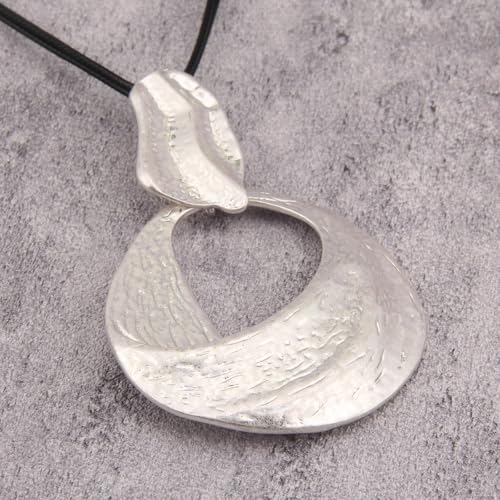 GelConnie Leather Necklace for Women Large Pendant Long Brown Necklace Circle Leather Choker Vintage Sweater Necklace Gold Chunky Boho Necklaces for Women - style: Circle Silver Necklace