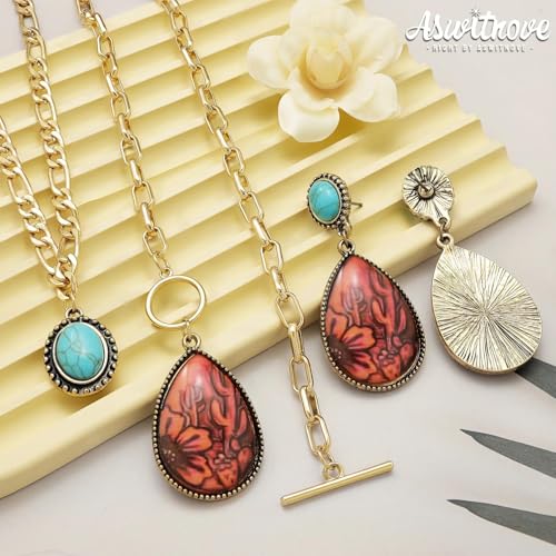 3 Pcs Western Turquoise Jewelry for Women Bohemian Set Cactus Turquoise Necklace Boho Dangle Earrings Country Concert Cowboy Chic Outfits for Women Jewelry Gifts Xmas Stocking Stuffers - color: Gold