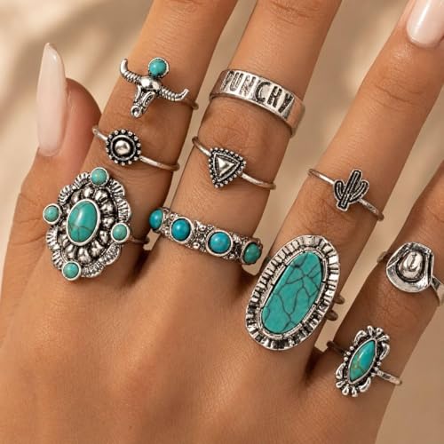 Turquoise Stackable Rings for Women, Adjustable Boho Jewelry Set, Vintage Fashion Accessories