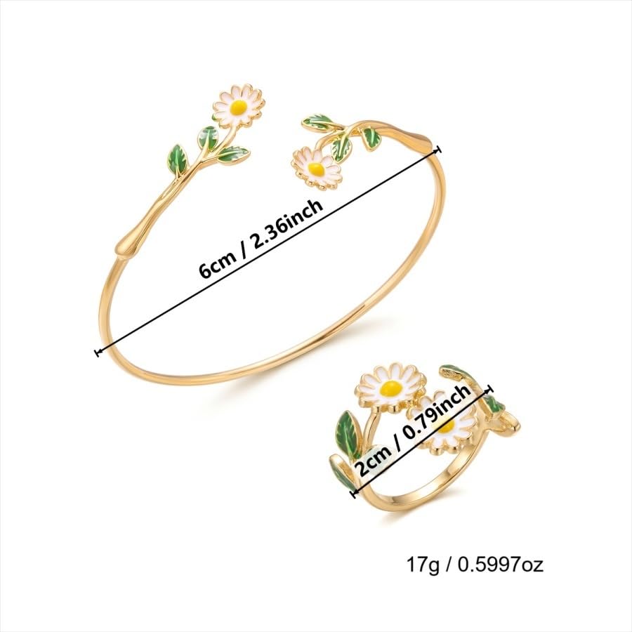 Caiyao 2Pcs Adjustable Sunflower Open Cuff Bangle Bracelets Ring Gold Tone Enamel Daisy Flower Floral Upper Arm Armband Bracelet for Women Boho Summer Inspired Floral Jewelry Gifts - style: StyleB