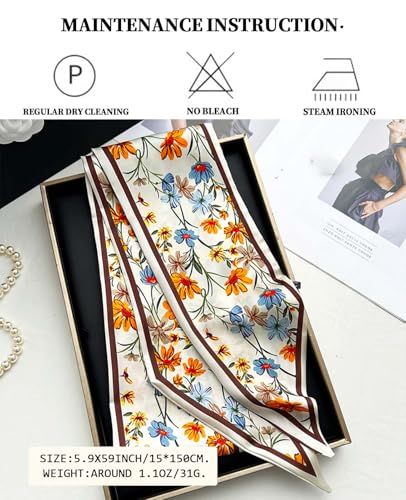 Head Scarf Purse Handle Neck Satin Hair Scarfs For Bag Lightweight Silky Long Thin Women's Fashion Scarves 59 * 5.9” - color: H11-blooming Flower(59*5.9inch)