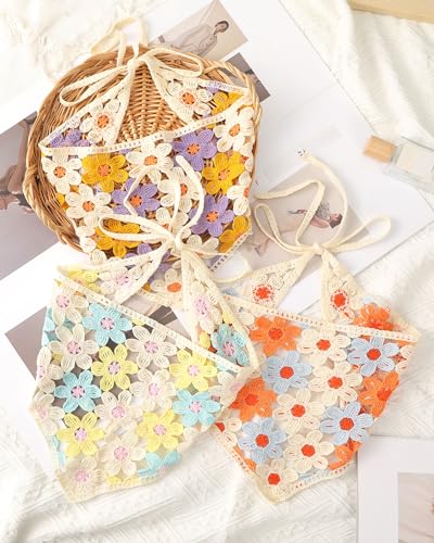 AWAYTR Crochet Head Scarf Hair Bandanas Women Knit Bandana Headband Scarf Tie-Back Head Coverings Floral Headscarf - color: Orange + Blue + Yellow