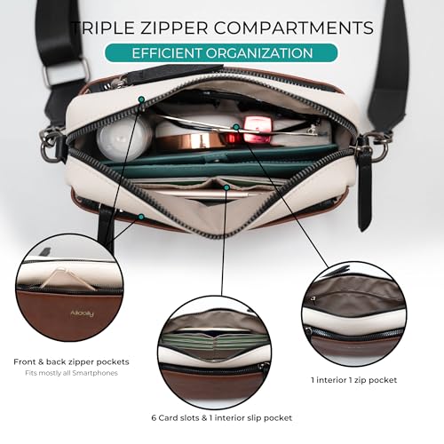 Alldaily Small Triple Zip Crossbody Purse for Women, Vegan Leather Phone Bag with Wide Shoulder Strap - color: Brown & Black & White