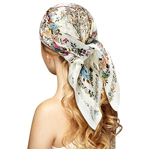 Stlvoll 100% Silk Head Scarf for Women - 27" Hair Scarves Satin Bandanas Square for Night Sleeping with Gift Packed - color: White/Flower/Bird