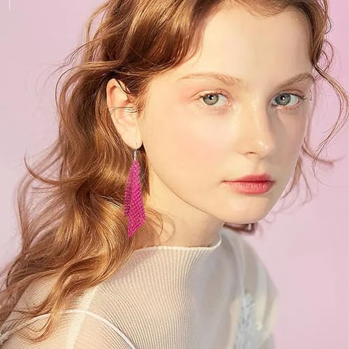 Sequin Earrings for Women Metal Mesh Grid Sequins Tassel Long Drop Dangle Earrings Trendy Charms Bridal Wedding Jewelry - color: Rose Red