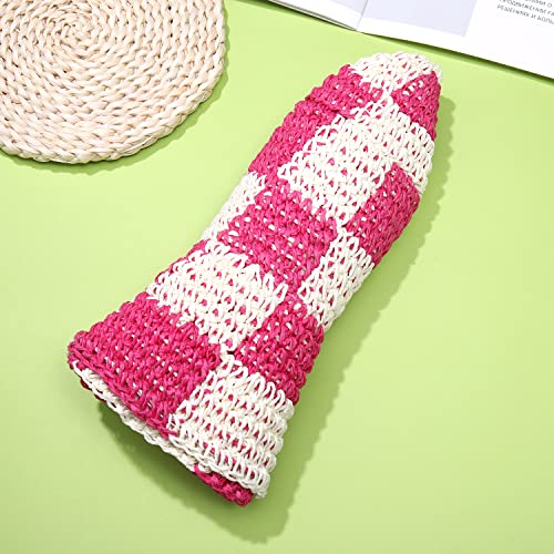Sun Hats Checkerboard Straw Bucket Hat for Women Packable Crochet Wide Brim Floppy Beach Hats Traveling Summer Accessories - color: Hot Pink