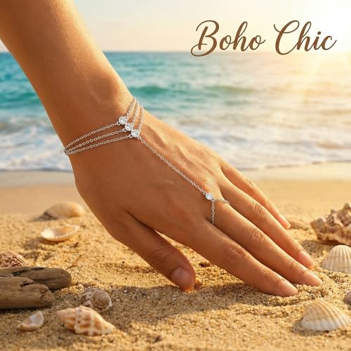 925 Sterling Silver Hand Chain Bracelet for Women,Non Tarnish 14k Gold Plated CZ Crystal Heart Starburst Ring Bracelets Hand Chain Dainty Diamond Layered Stackable Link Chain Beach Waterproof Graduation Wedding Gifts - color: Silver